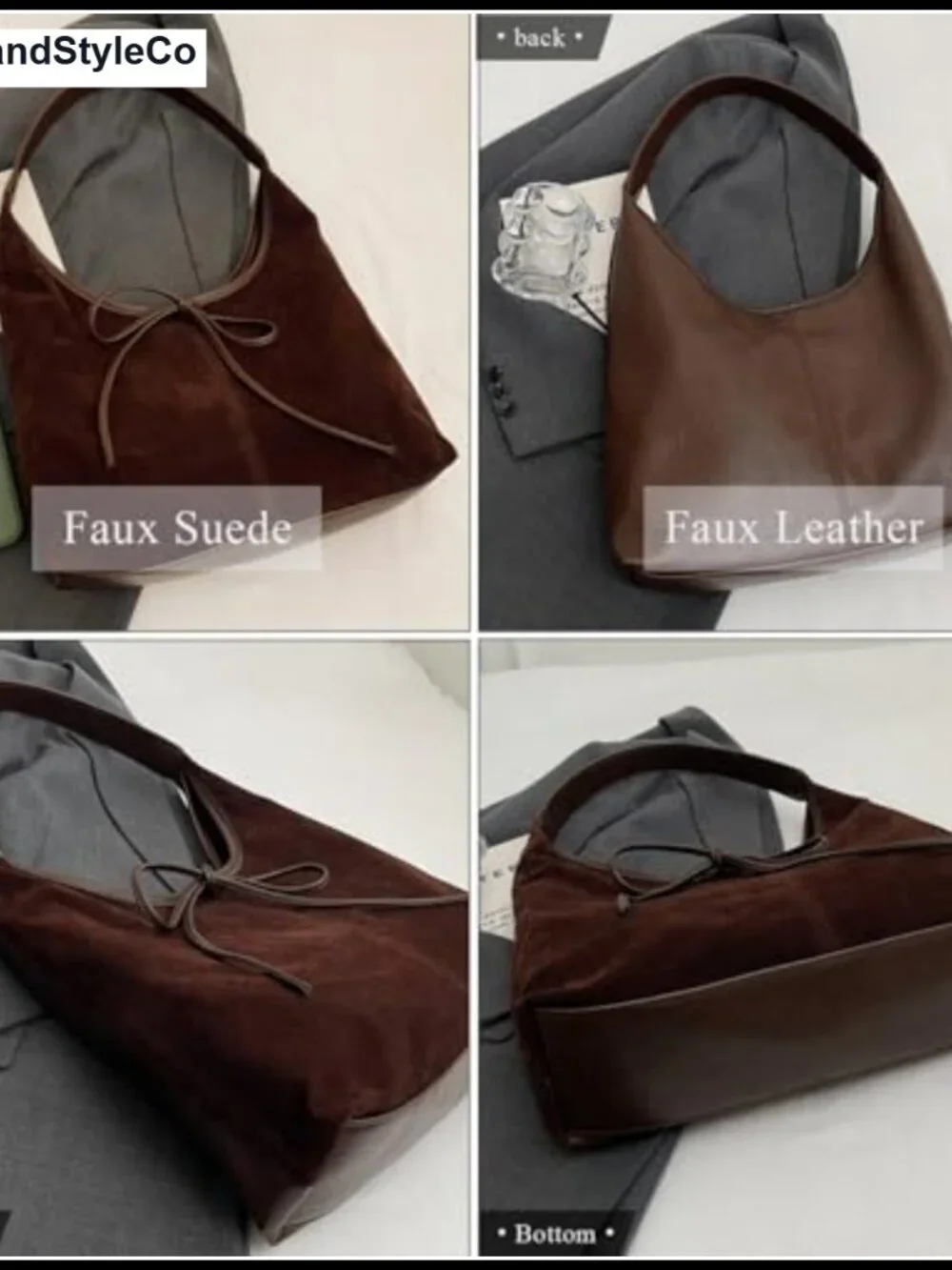 Faux Suede & Faux Leather Women's Slouchy Hobo Tote Bag with Bow Magnetic